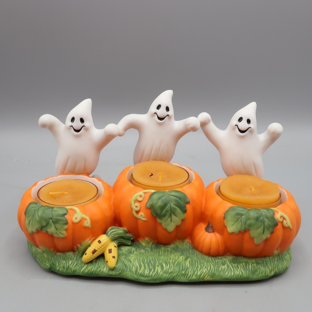VTG PartyLite Halloween Candle Holder 3 Ghosts Haunted Pumpkin Patch Tea Light